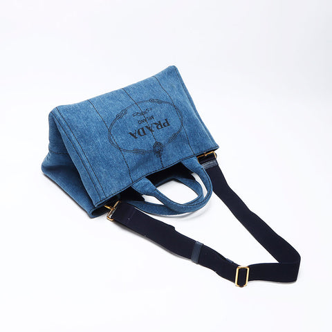 Prada Kanapa牛仔布L大型2Way手提袋海军WS12263