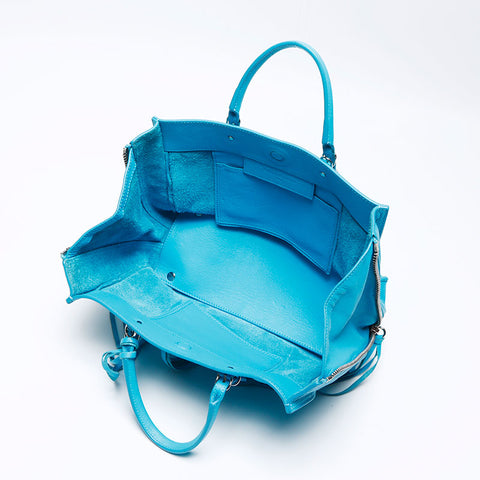 Balenciaga Leather Silver Metal Riches Papier à 2 voies Sac d'épaule bleu WS12459