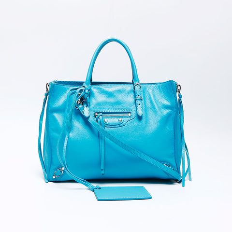 Balenciaga Leather Silver Metal Riches Papier à 2 voies Sac d'épaule bleu WS12459