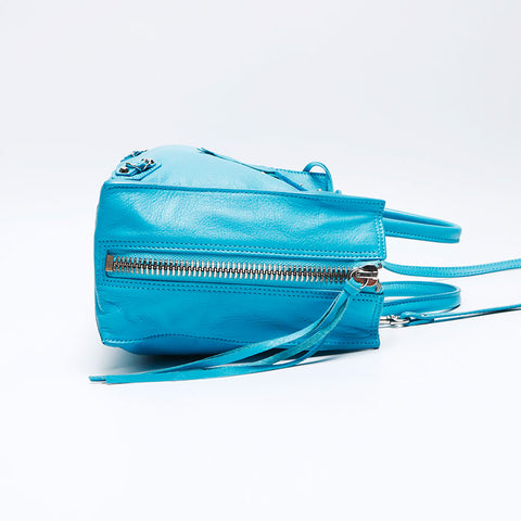Balenciaga Leather Silver Metal Riches Papier à 2 voies Sac d'épaule bleu WS12459