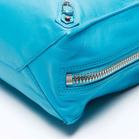 Balenciaga Leather Silver Metal Riches Papier à 2 voies Sac d'épaule bleu WS12459