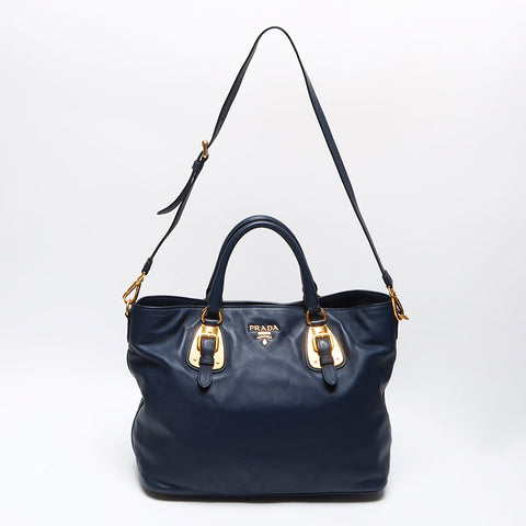 PRADA Leather 2WAY Tote Bag Navy WS12483