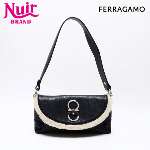 Salvatore Ferragamo Gancini en cuir fourrure Mouton Boa Sac d'épaule noir WS12498
