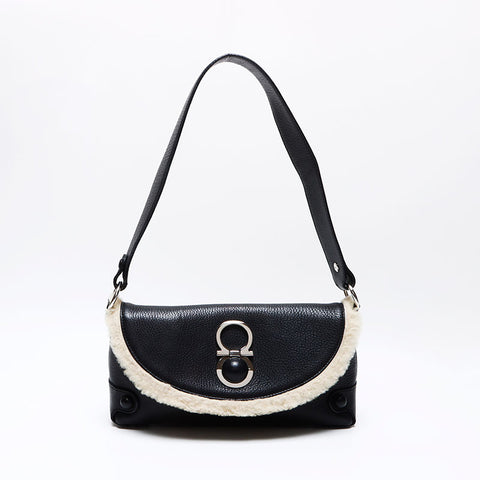 Salvatore Ferragamo Gancini en cuir fourrure Mouton Boa Sac d'épaule noir WS12498