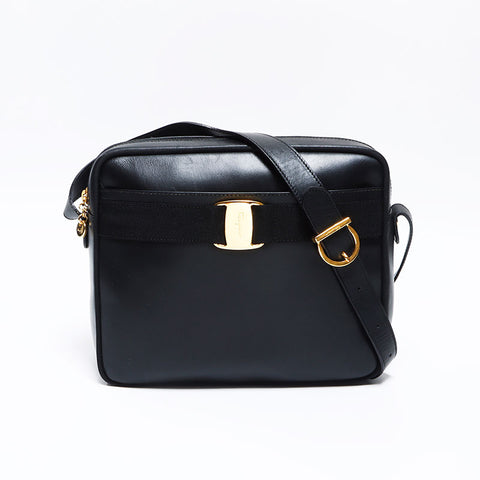 Salvatore Ferragamo Vara Leather Gold Hardware Shoulder Bag Black WS12681