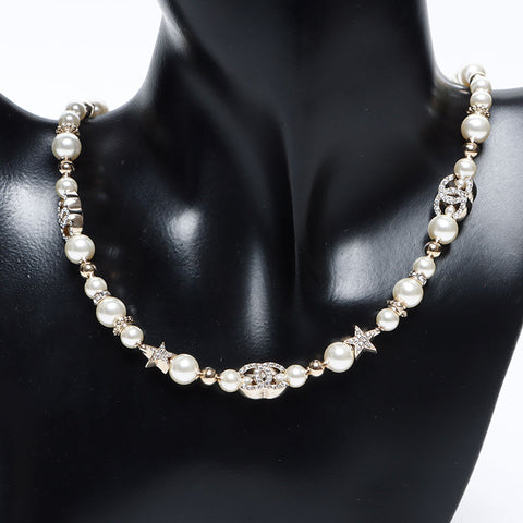 CHANEL 23C COCO Mark Rhinestone Pearl Necklace gold WS12730