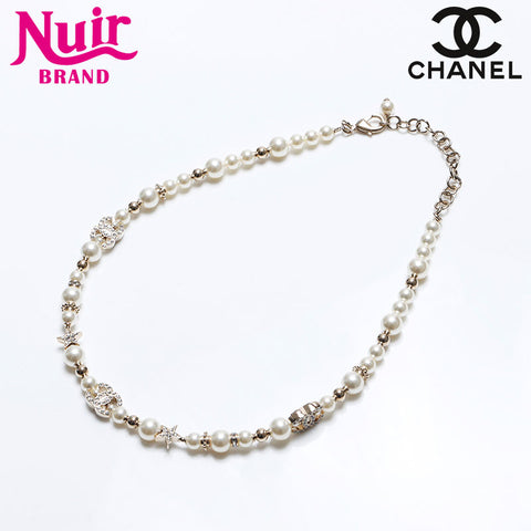 CHANEL 23C COCO Mark Rhinestone Pearl Necklace gold WS12730