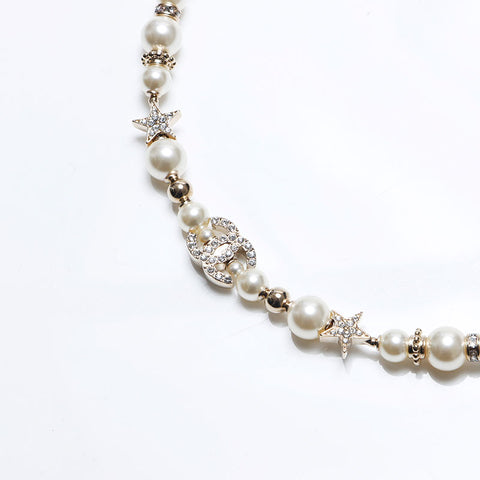 CHANEL 23C COCO Mark Rhinestone Pearl Necklace gold WS12730