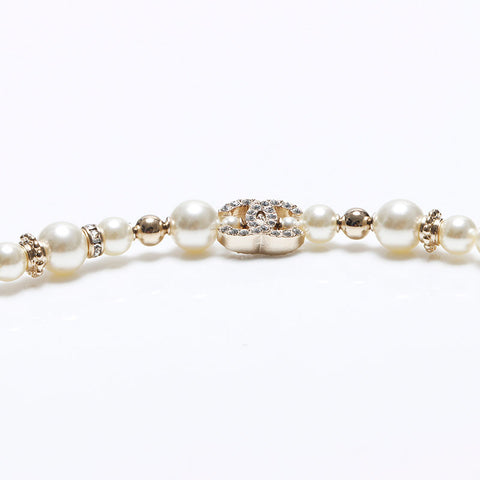 CHANEL 23C COCO Mark Rhinestone Pearl Necklace gold WS12730