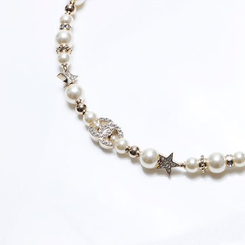 CHANEL 23C COCO Mark Rhinestone Pearl Necklace gold WS12730