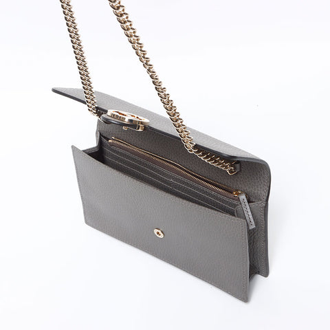グッチ GUCCI インターロッキング GG レザー チェーン ウォレット ショルダーバッグ グレー WS12824