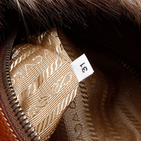PRADA fur logo jacquard Tote Bag Brown WS12955
