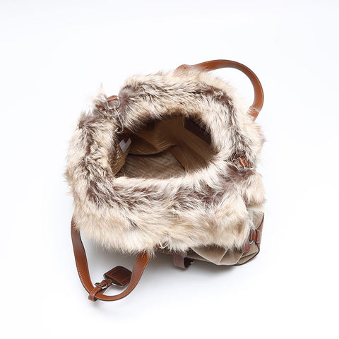 PRADA fur logo jacquard Tote Bag Brown WS12955