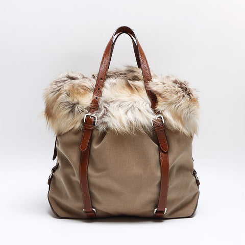 PRADA fur logo jacquard Tote Bag Brown WS12955