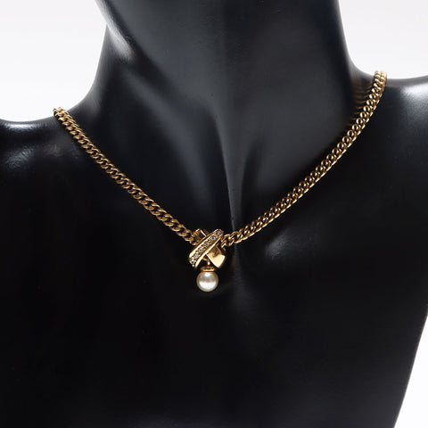 Christian Dior Chain Pearl Rhinestone Necklace gold WS13063