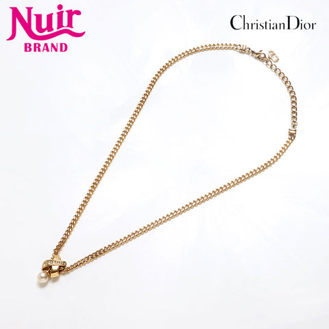 Christian Dior Chain Pearl Rhinestone Necklace gold WS13063