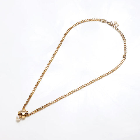 Christian Dior Chain Pearl Rhinestone Necklace gold WS13063