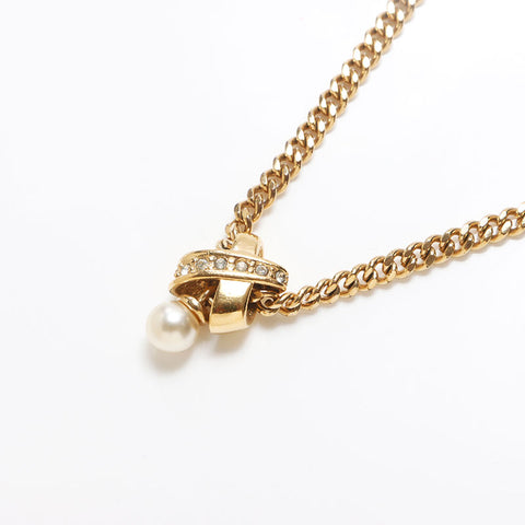 Christian Dior Chain Pearl Rhinestone Necklace gold WS13063