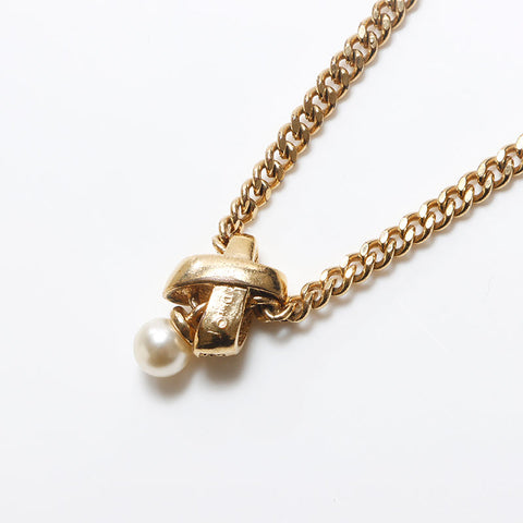 Christian Dior Chain Pearl Rhinestone Necklace gold WS13063
