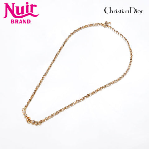Christian Dior CD logo Chain rhinestone Necklace gold WS13067