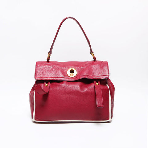 YVES SAINT LAURENT Muse Toe Leather Canvas Handbag Red WS13087