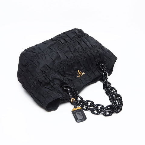 プラダ PRADA テスート ロゴ ギャザー ナイロン プラチェーン ハンドバッグ ブラック WS13095