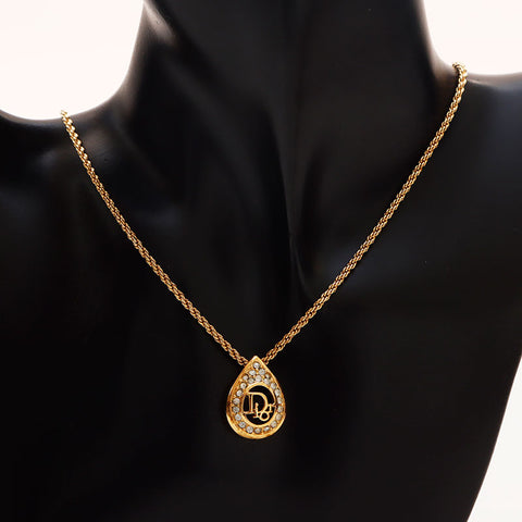 Christian Dior Logo rhinestone Necklace gold WS13116