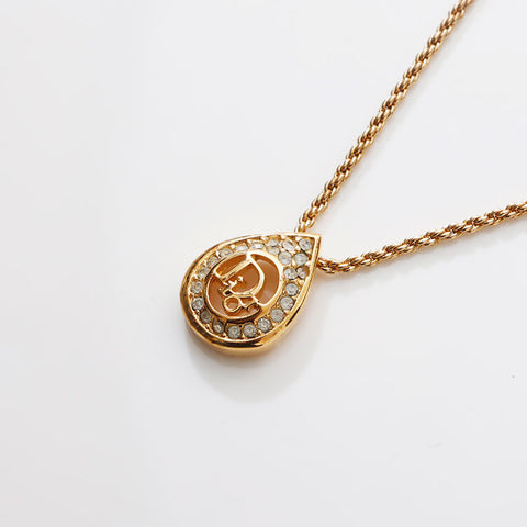 Christian Dior Logo rhinestone Necklace gold WS13116