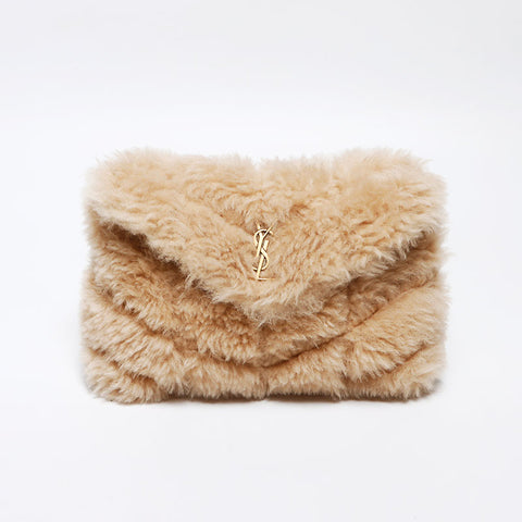 イヴ・サンローラン YVES SAINT LAURENT ウール ボア ロゴ カードケース付き クラッチバッグ ベージュ WS13143