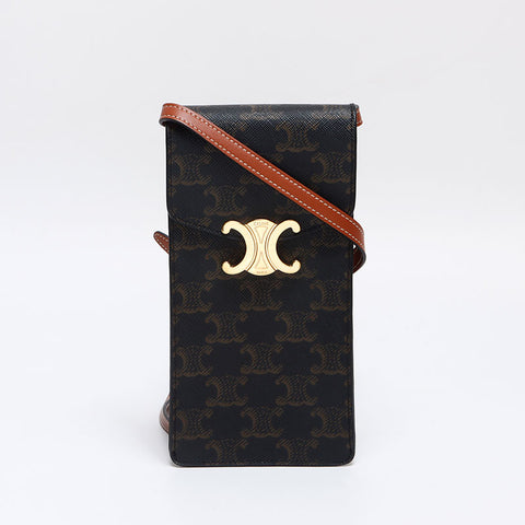 CELINE Triomphe Smartphone Case Phone Pouch Shoulder Bag Brown WS13156