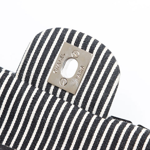 CHANEL Stripe Double Flap Turnlock 11 Shoulder Bag Black White WS13238