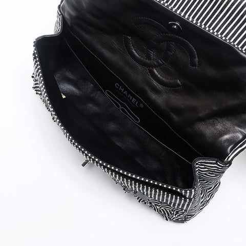 CHANEL Stripe Double Flap Turnlock 11 Shoulder Bag Black White WS13238