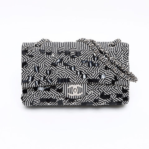 CHANEL Stripe Double Flap Turnlock 11 Shoulder Bag Black White WS13238
