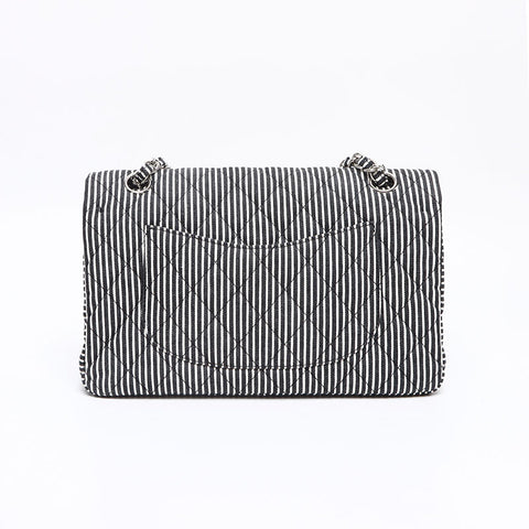 CHANEL Stripe Double Flap Turnlock 11 Shoulder Bag Black White WS13238