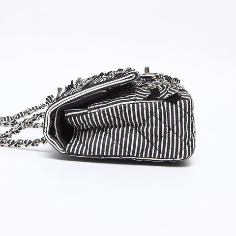 CHANEL Stripe Double Flap Turnlock 11 Shoulder Bag Black White WS13238