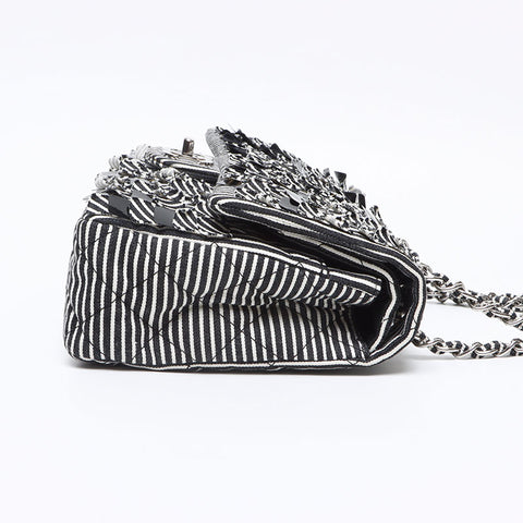 シャネル CHANEL ストライプ ダブルフラップ ターンロック 11番台 ショルダーバッグ ブラック ホワイト WS13238