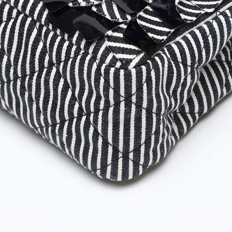 CHANEL Stripe Double Flap Turnlock 11 Shoulder Bag Black White WS13238
