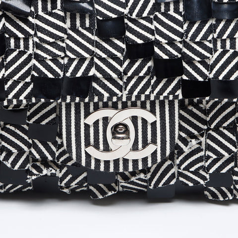 CHANEL Stripe Double Flap Turnlock 11 Shoulder Bag Black White WS13238