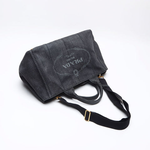 PRADA Black denim Canapa M size logo 2WAY Shoulder Bag black WS13249