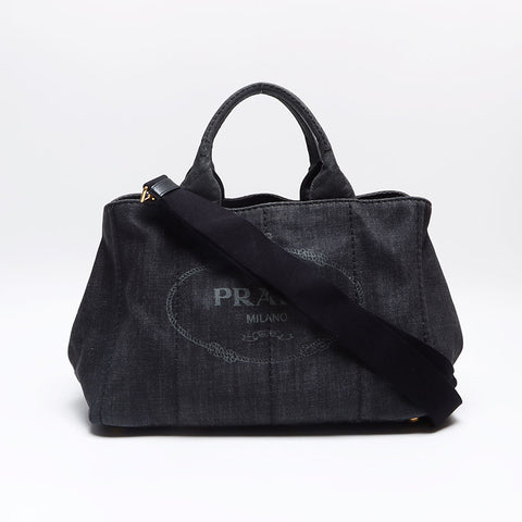 PRADA Black denim Canapa M size logo 2WAY Shoulder Bag black WS13249