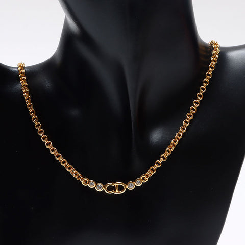 Christian Dior CD logo rhinestone Necklace gold WS13256