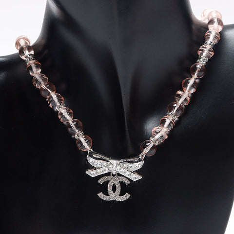 CHANEL B23S COCO Mark Rhinestone Ribbon Necklace Silver WS13292