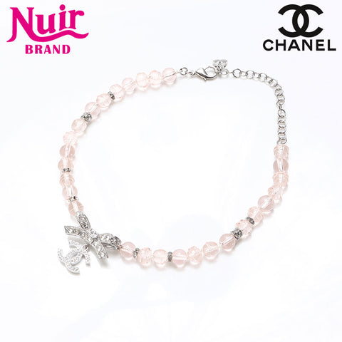 CHANEL B23S COCO Mark Rhinestone Ribbon Necklace Silver WS13292