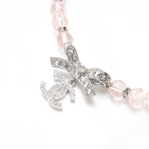 CHANEL B23S COCO Mark Rhinestone Ribbon Necklace Silver WS13292
