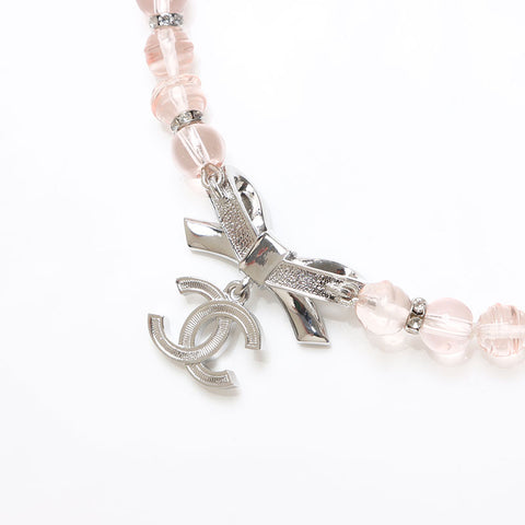 CHANEL B23S COCO Mark Rhinestone Ribbon Necklace Silver WS13292