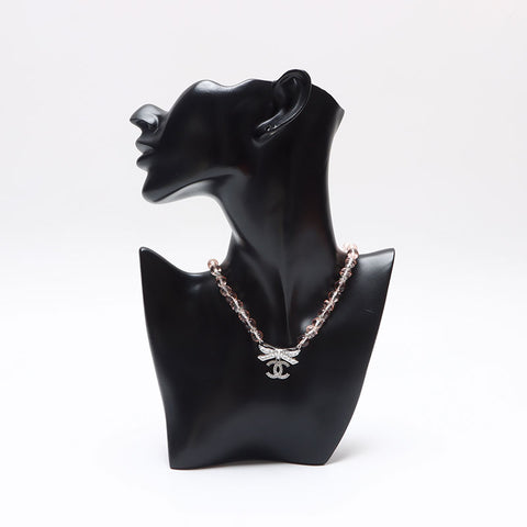 CHANEL B23S COCO Mark Rhinestone Ribbon Necklace Silver WS13292