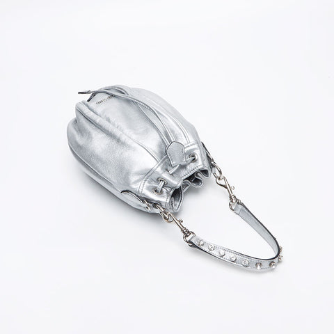 ミュウ ミュウ Miu Miu ラインストーン レザー ビジュー ハンドバッグ シルバー WS13322