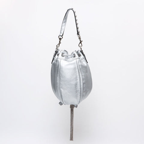 ミュウ ミュウ Miu Miu ラインストーン レザー ビジュー ハンドバッグ シルバー WS13322