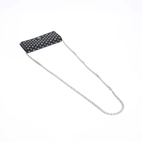 PRADA Nylon Leather Triangle Logo Punching Chain Purse black WS13325