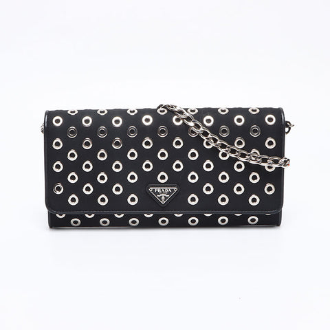 PRADA Nylon Leather Triangle Logo Punching Chain Purse black WS13325